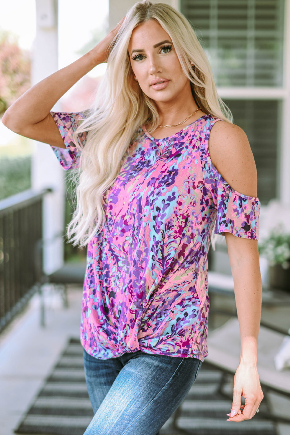 Multicolor Lavender Floral Print Cold Shoulder Blouse