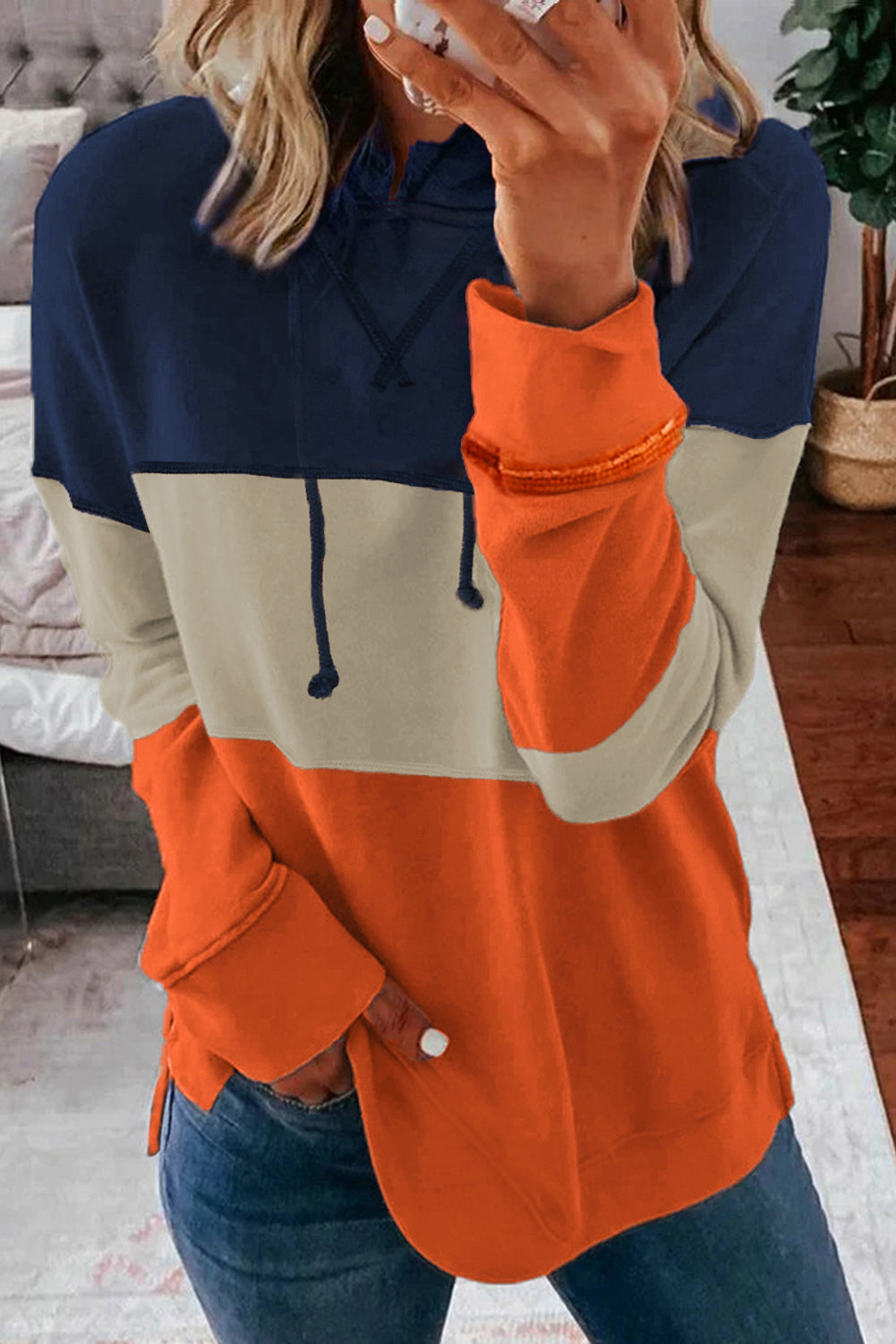 Orange Drawstring Color Block Stripe Casual Hoodie