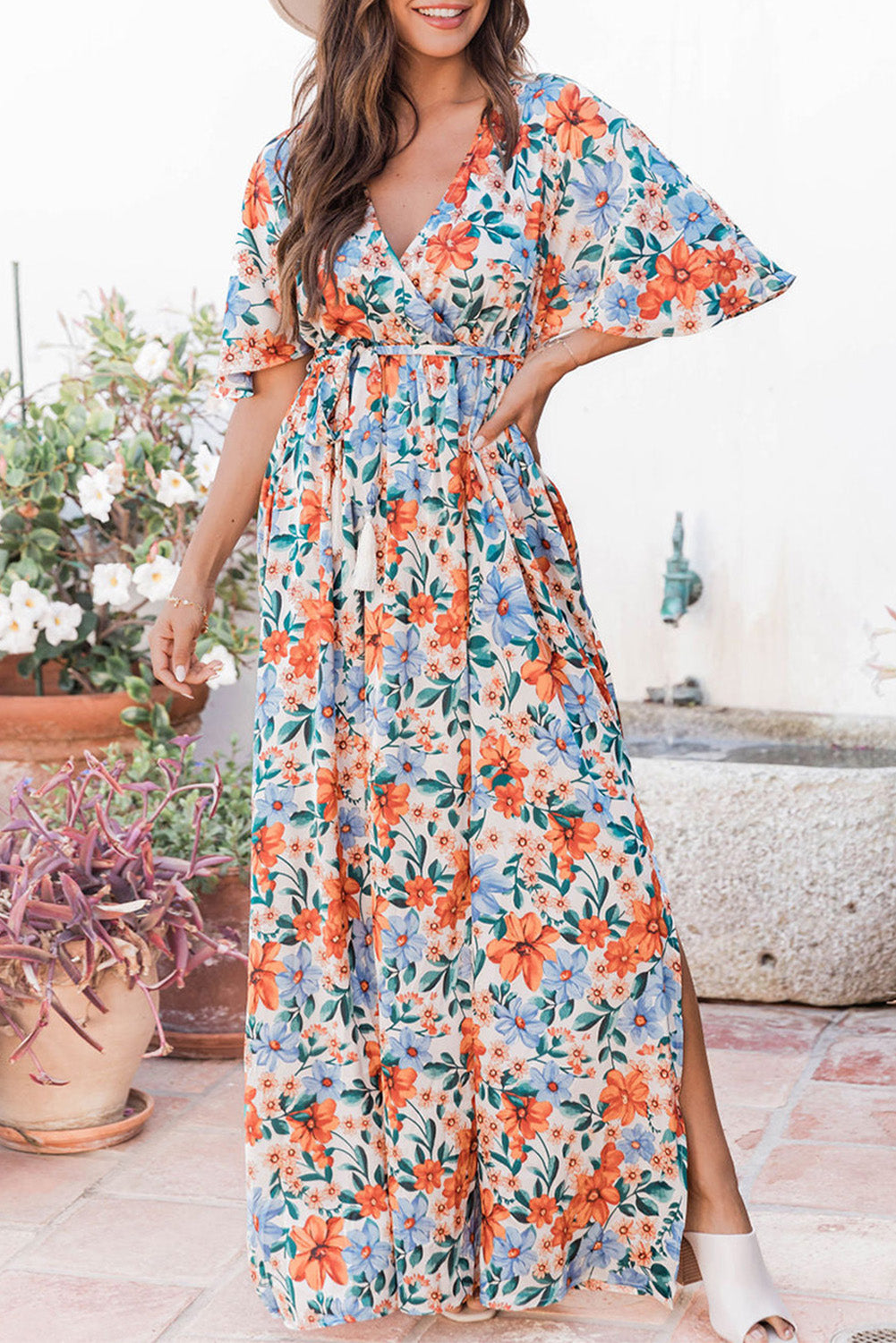 Sky Blue Floral Print Wrap Belted Maxi Dress – Emmeline's Fashion