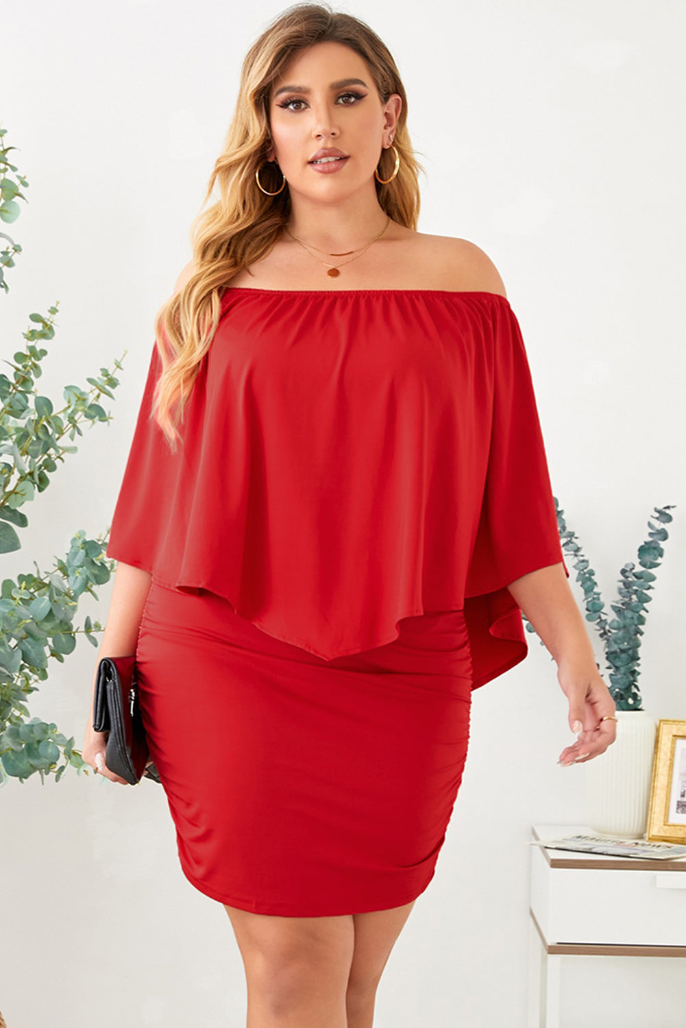 Plus size  Dressing Layered Fiery Red Mini Poncho Dress