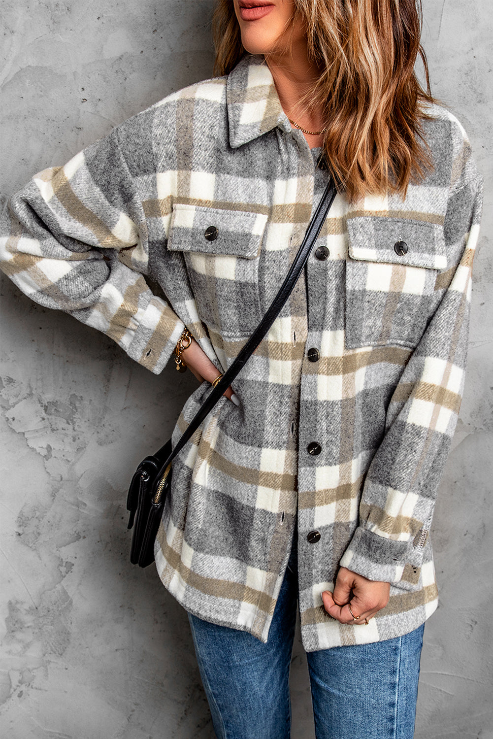 Brown Plaid Print Pocket Women Shacket