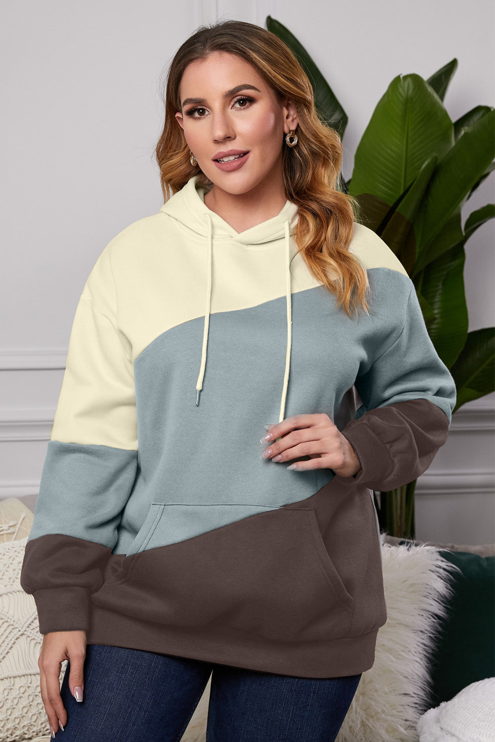 Green Sky Blue Colorblock Kangaroo Pocket Plus Size Hoodie