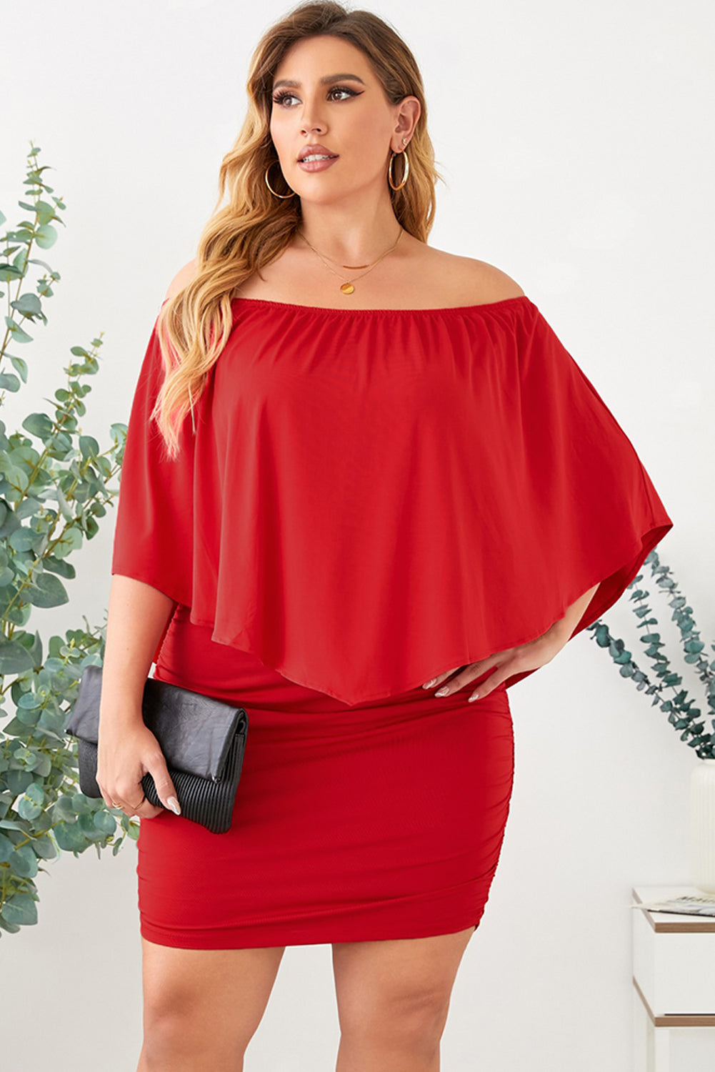 Plus size  Dressing Layered Fiery Red Mini Poncho Dress