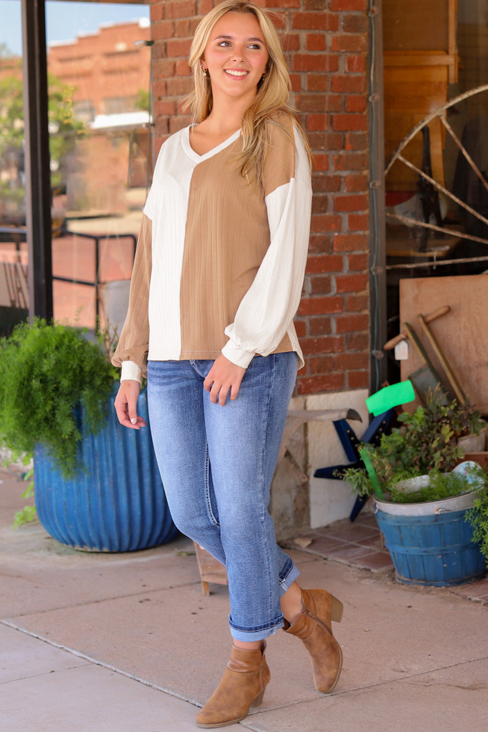 Apricot Color Block Wide Ribbed V Neck Top