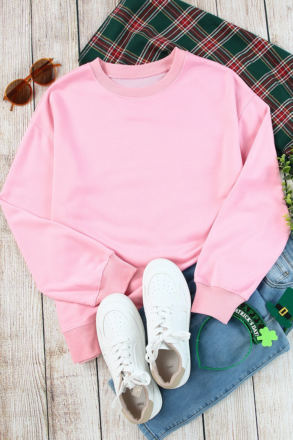 Pink Plain Crew Neck Pullover Sweatshirt