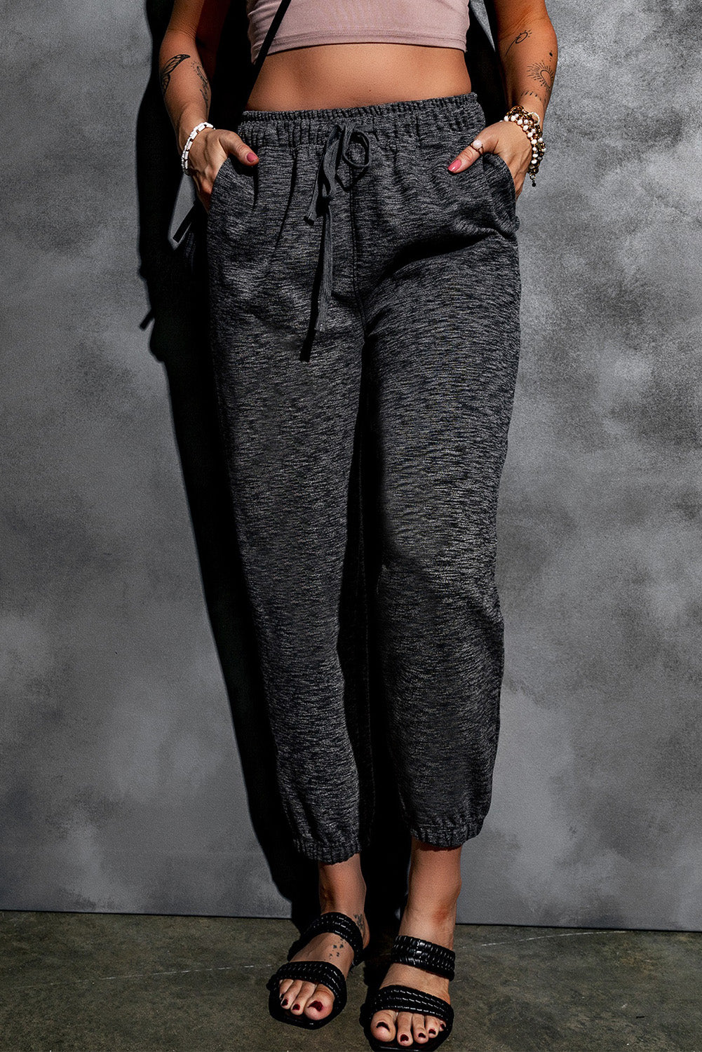 Gray Heather Textured Drawstring Pocketed Pants