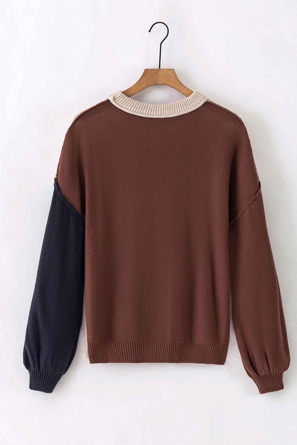 Coffee Colorblock Bishop Sleeve Ribbed Trim Sweater