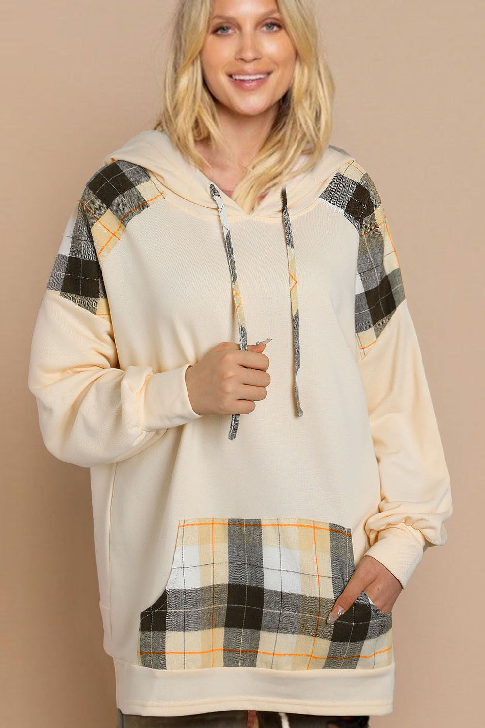 Khaki Plaid Patchwork Kangaroo Pocket Oversized Hoodie