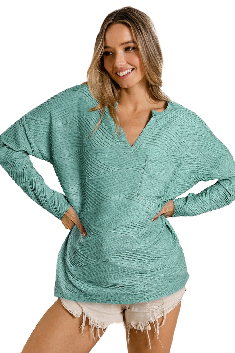 Green Textured Split Neck Long Sleeve Top