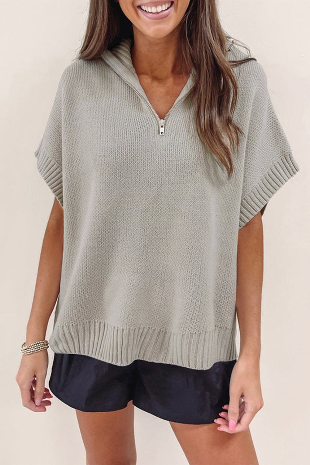 Light Grey Quarter Zip Short Batwing Sleeve Sweater