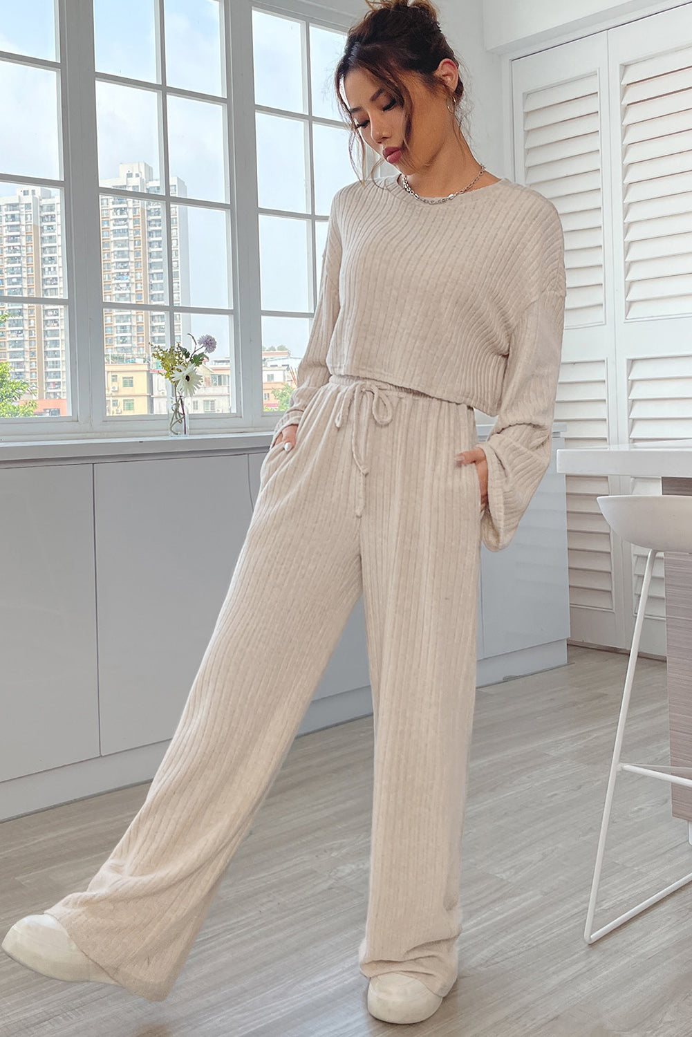 Khaki Ribbed Knit Bell Sleeve Crop Top Drawstring Pants Set