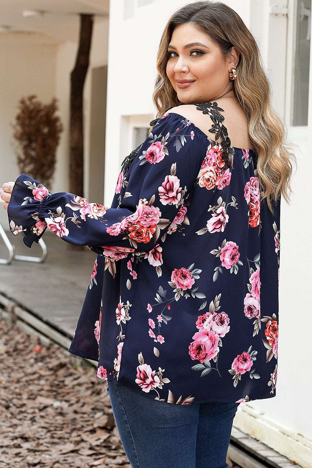 Navy Blue Plus Size Crochet Detail Cold shoulder Floral Blouse