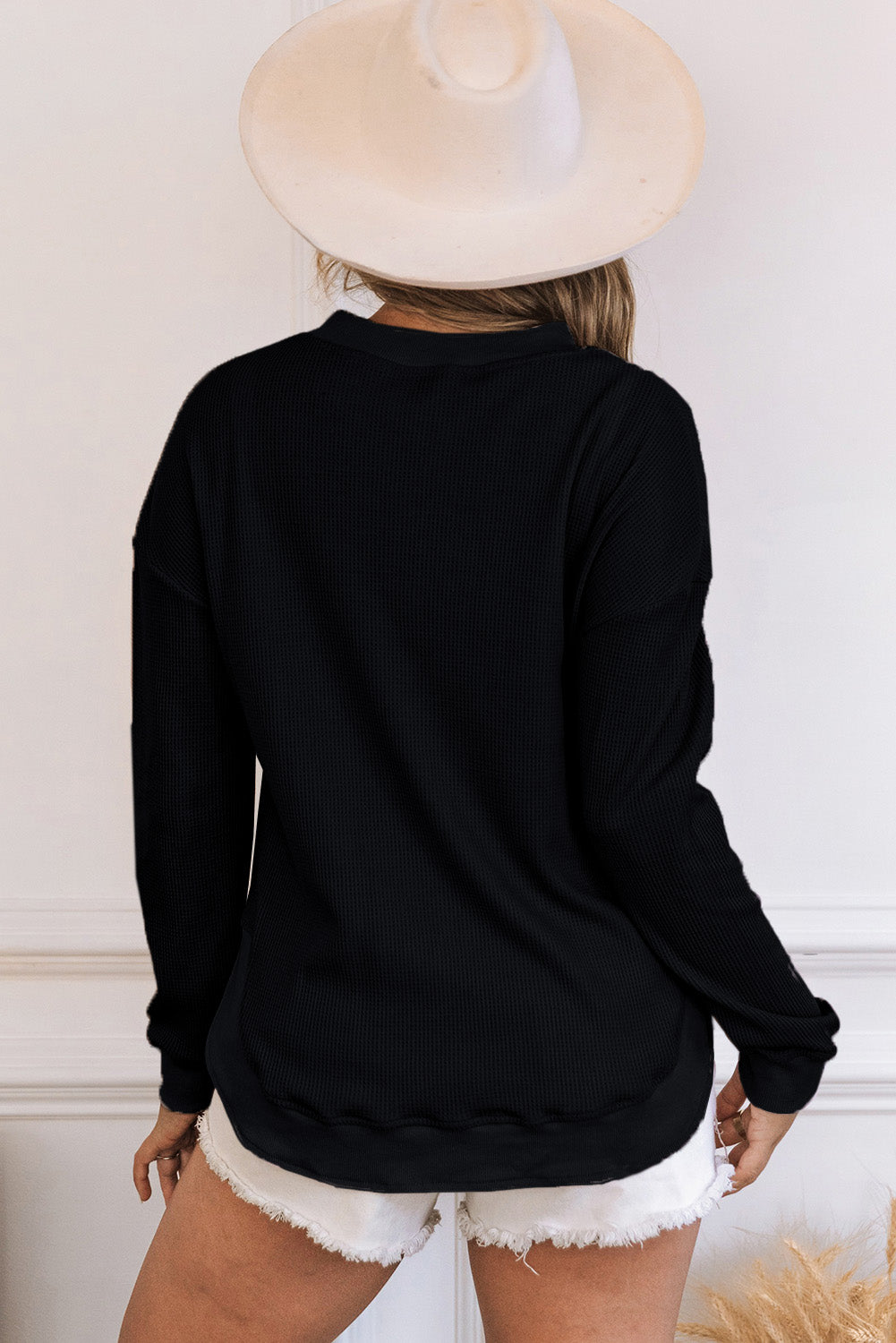 Black Crew Neck Ribbed Trim Waffle Knit Top