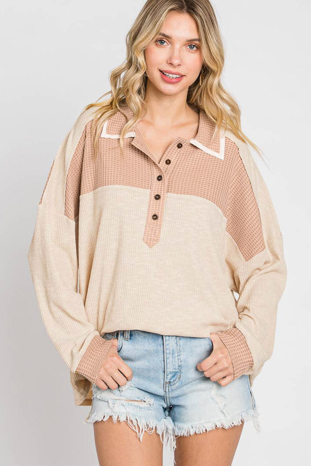 Apricot Oversized Knit Top With Waffle Contrast