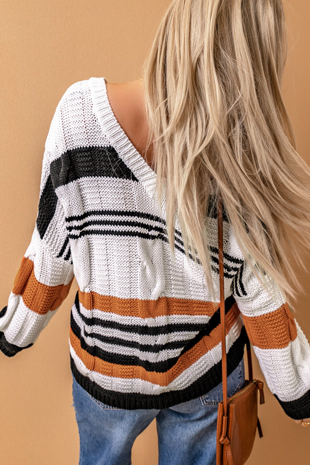 Brown Stripe Color Block Bubblegum V-Neck Braided Knit Sweater