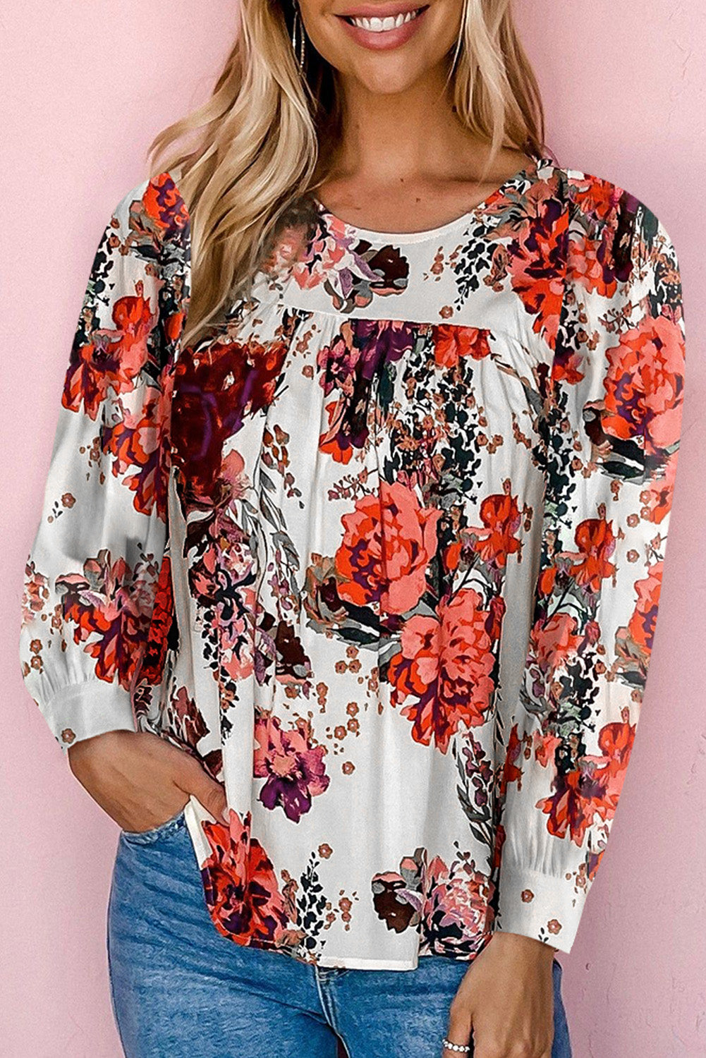 Fiery Red Retro Floral Long Sleeve Blouse