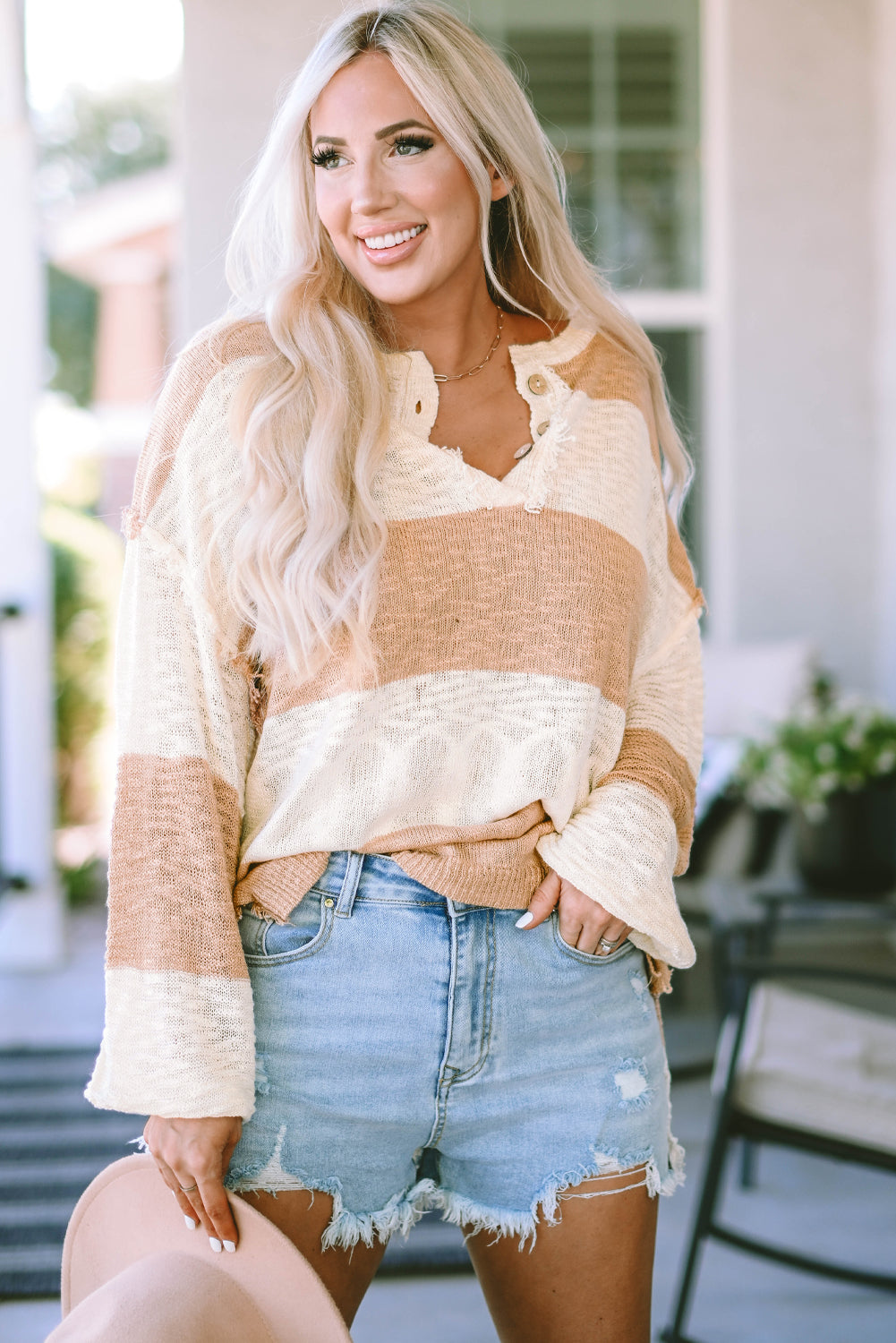 Khaki Oversized Colorblock Frayed High Low Henley Sweater