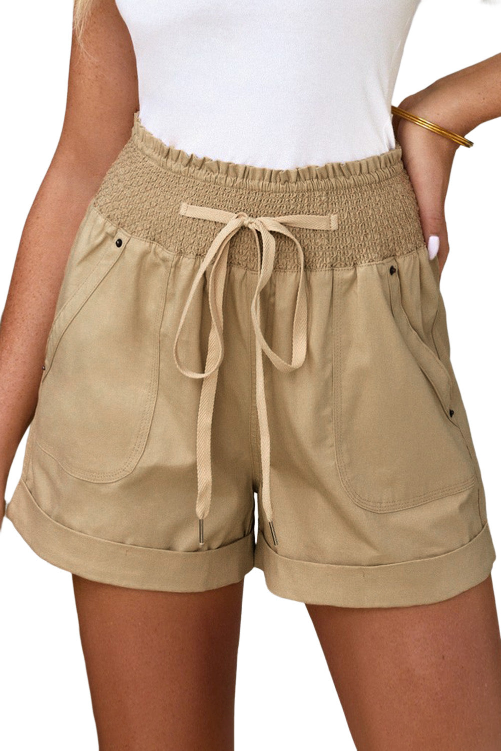 Khaki Drawstring Shirred High Waist Casual Shorts Emmeline s Fashion