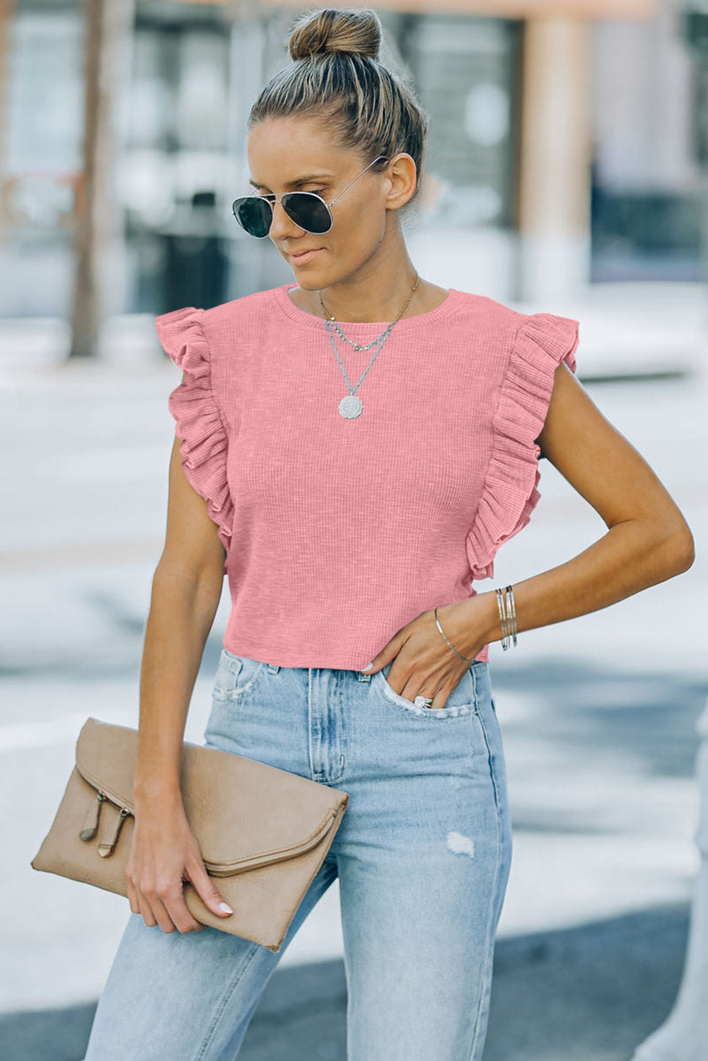 Pink Ruffled Crew Neck Crop Top