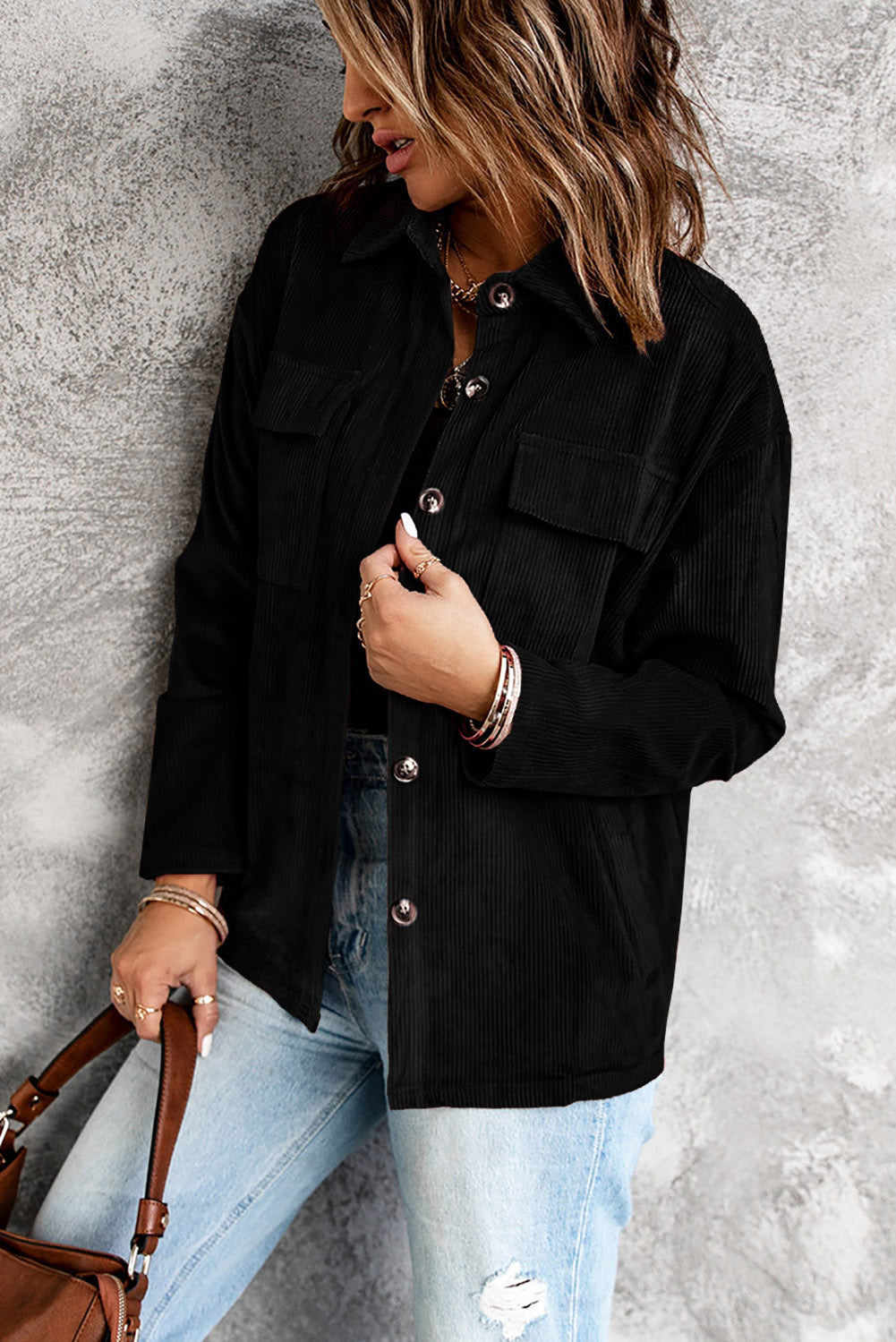 Black Pocketed Button Ribbed Textured Shacket