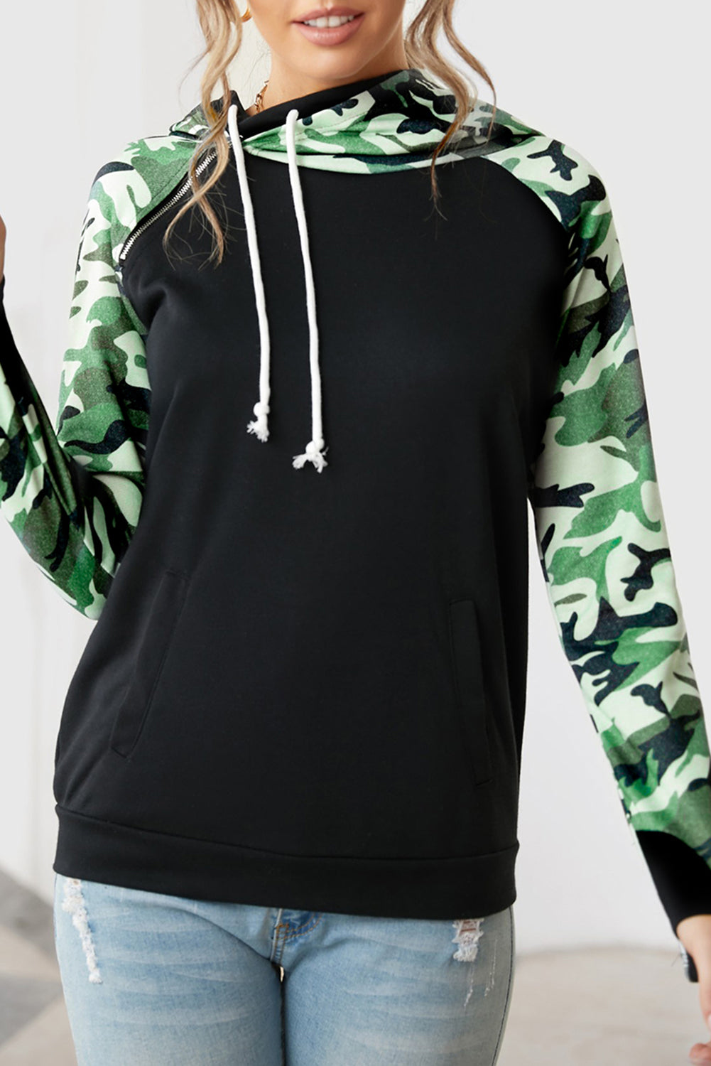 Camouflage Print Raglan Sleeve Hoodie