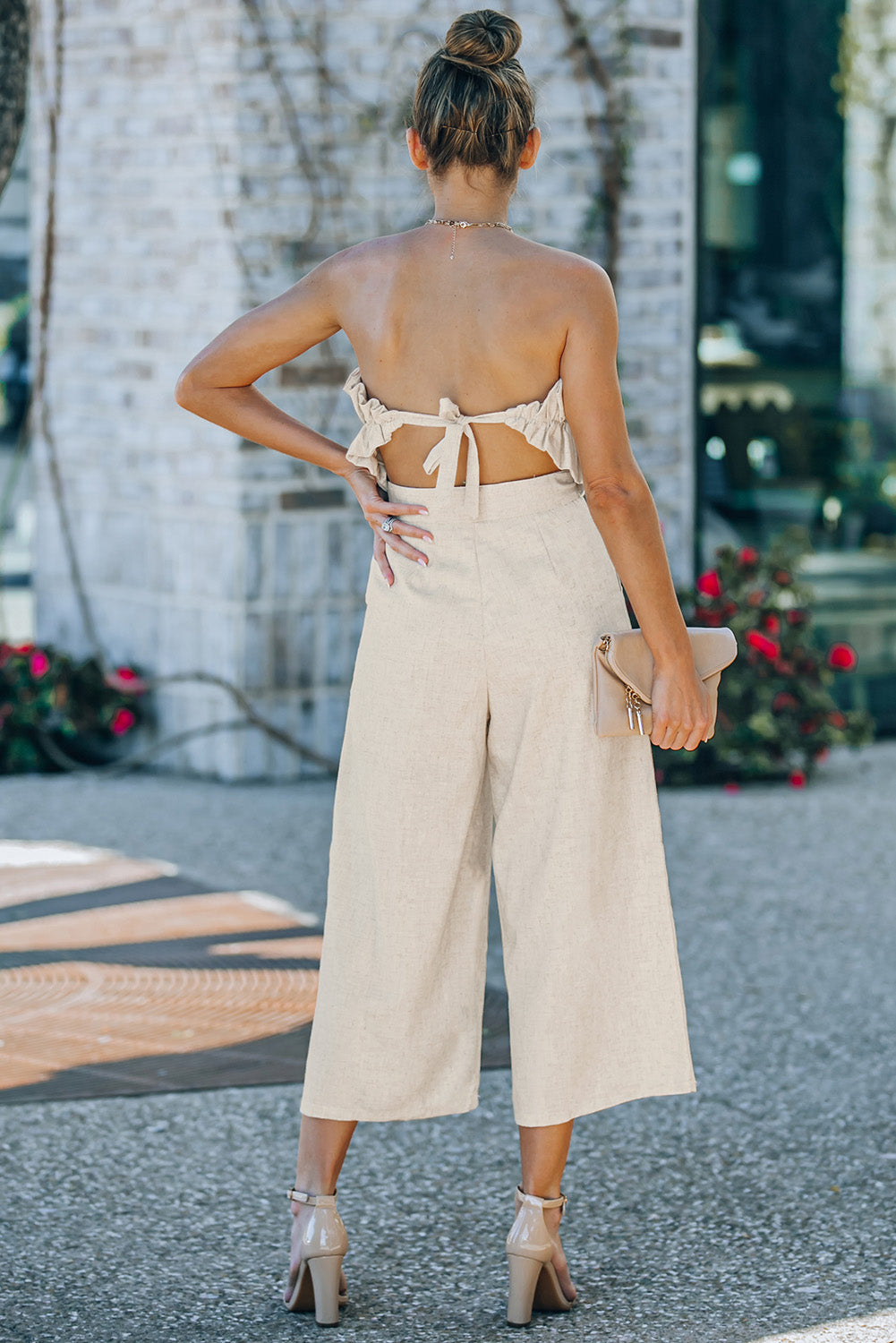 Beige Ruffled Strapless Wide Leg Jumpsuit