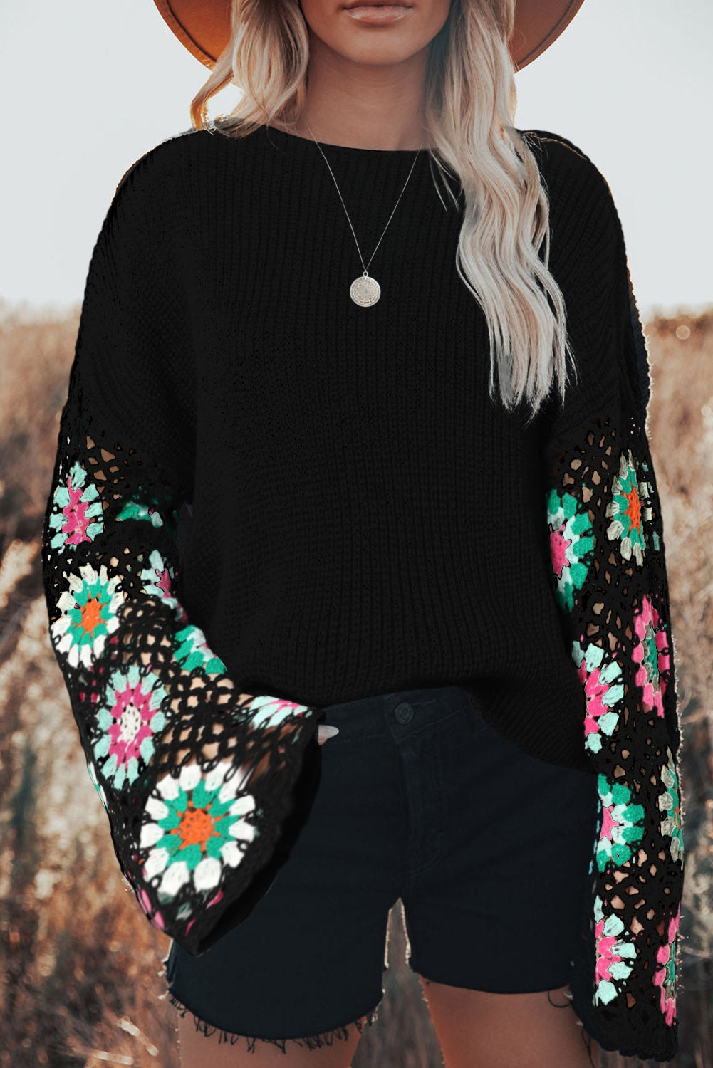 Black Floral Crochet Bell Sleeve Loose Sweater