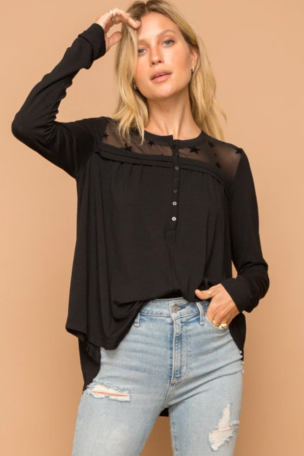 Black Star Mesh Yoke Draped Detail Blouse