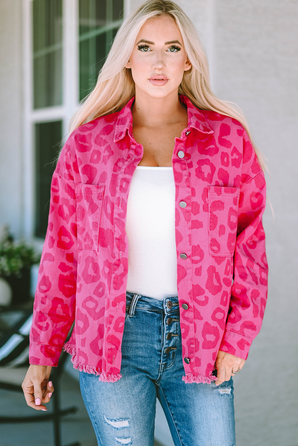 Pink Leopard Print Button Cuffs Raw Hem Jacket