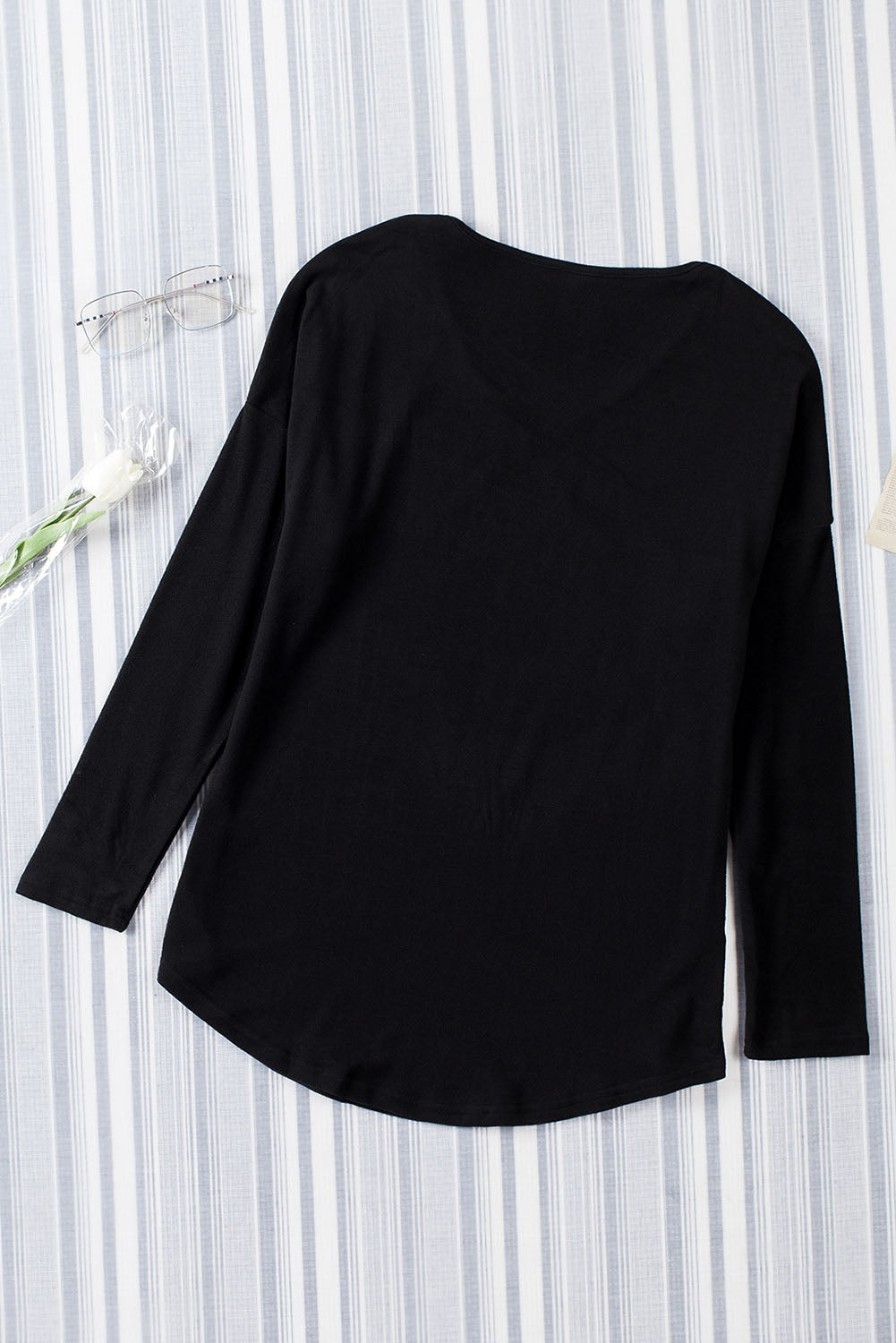 Black Solid Color V Neck Long Sleeve Knit Top