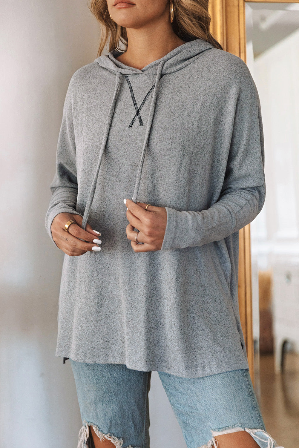 Gray Loose Drawstring Pullover Hoodie