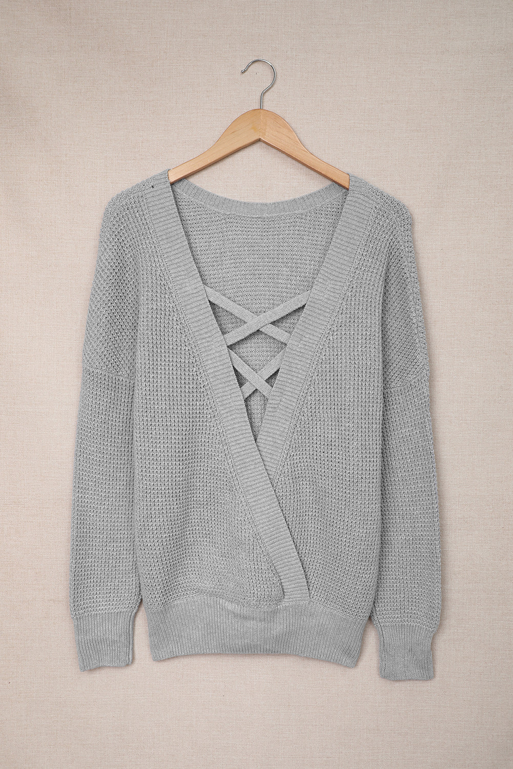 Gray Cross Back Hollow-out Sweater