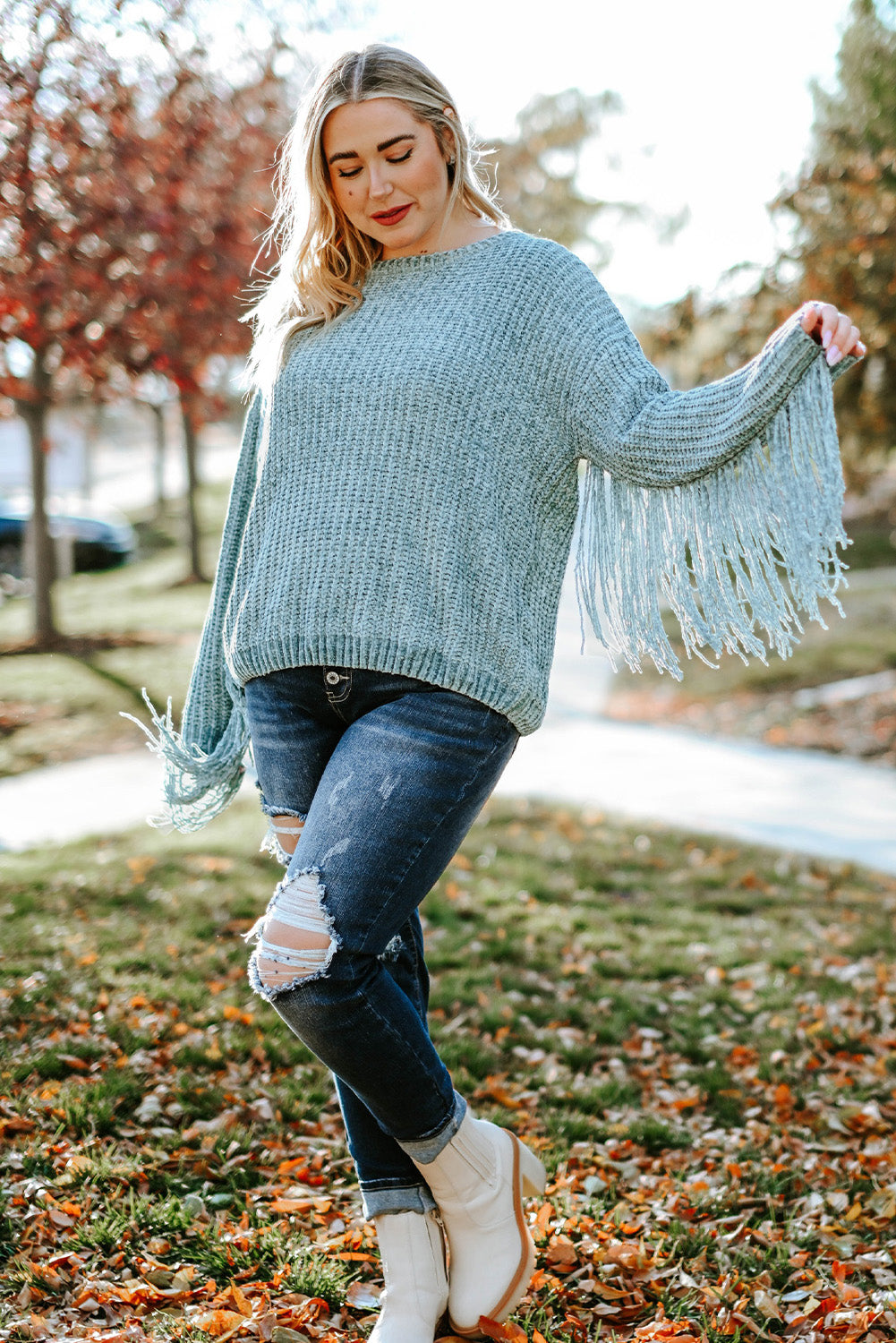 Gray Plus Size Fringed Long Sleeve Knit Sweater