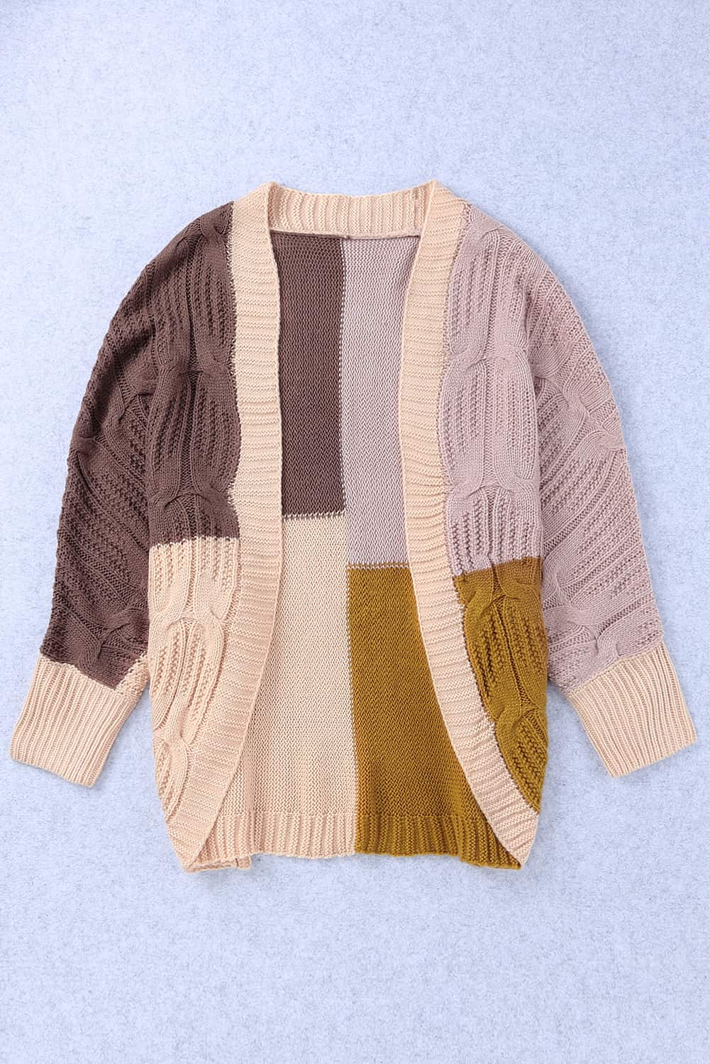 Brown Color Block Loose Open Front Knitted Cardigan