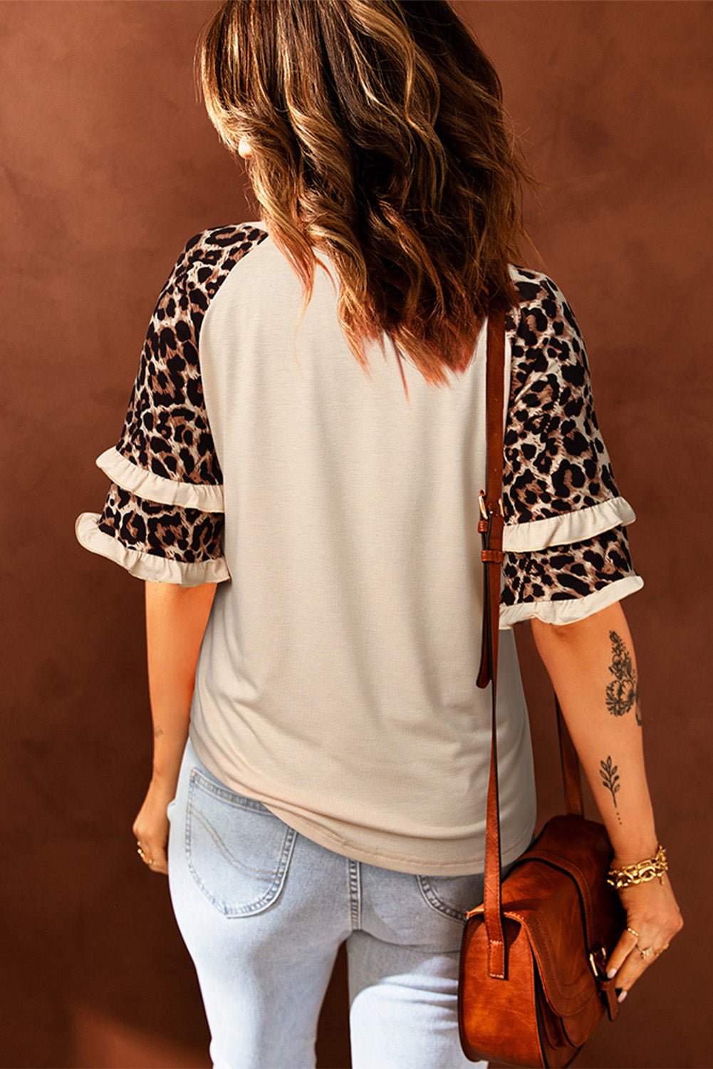 Apricot Ruffled Leopard Sleeve Patchwork Top