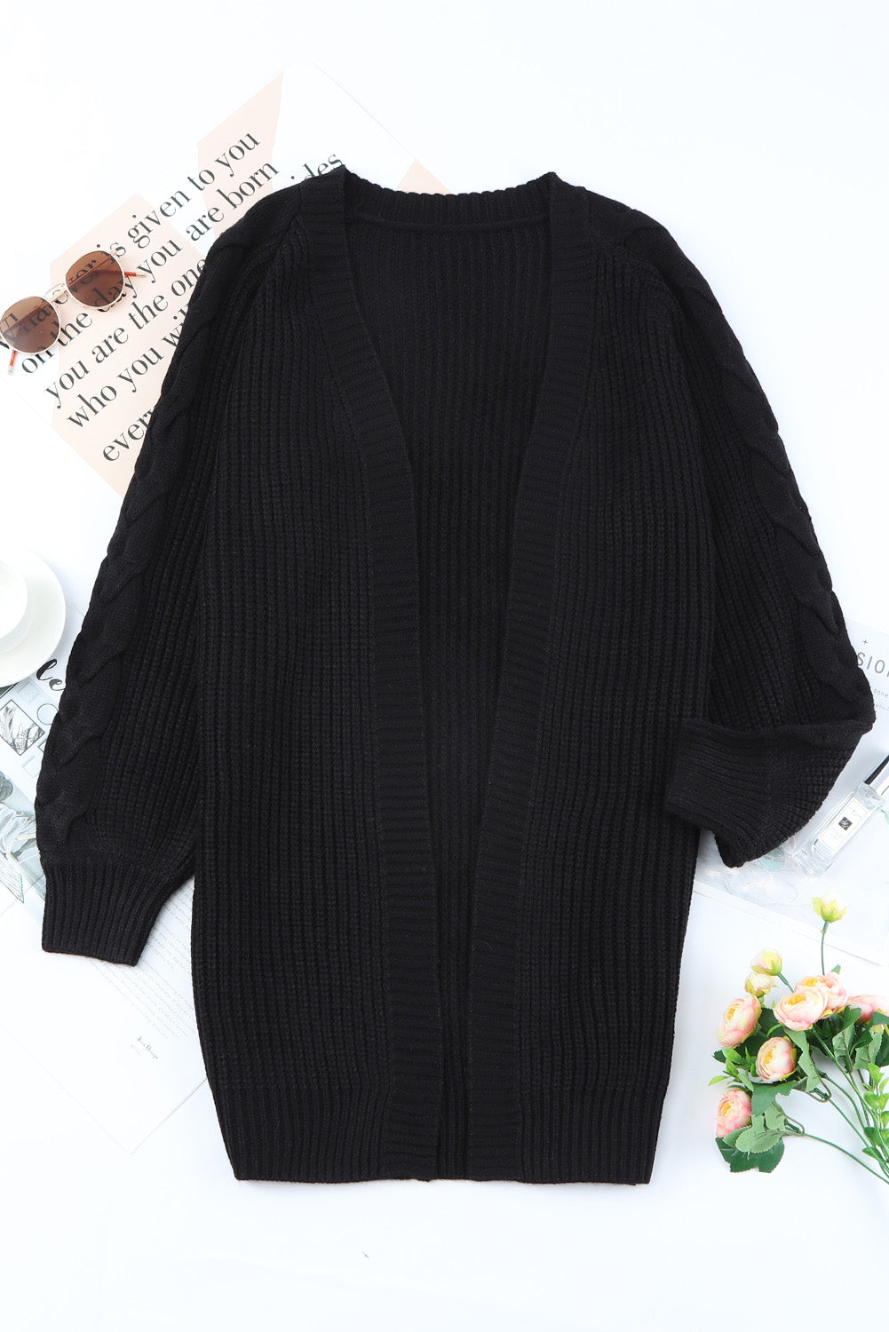 Black Open Front Cable Sleeve Long Cardigan