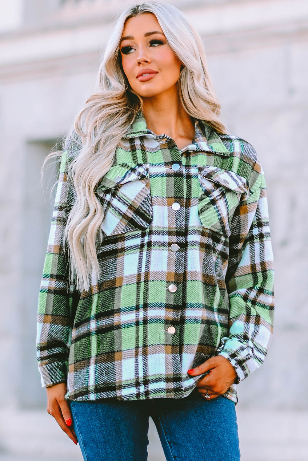 Green Geometric Plaid Print Pocketed Shacket