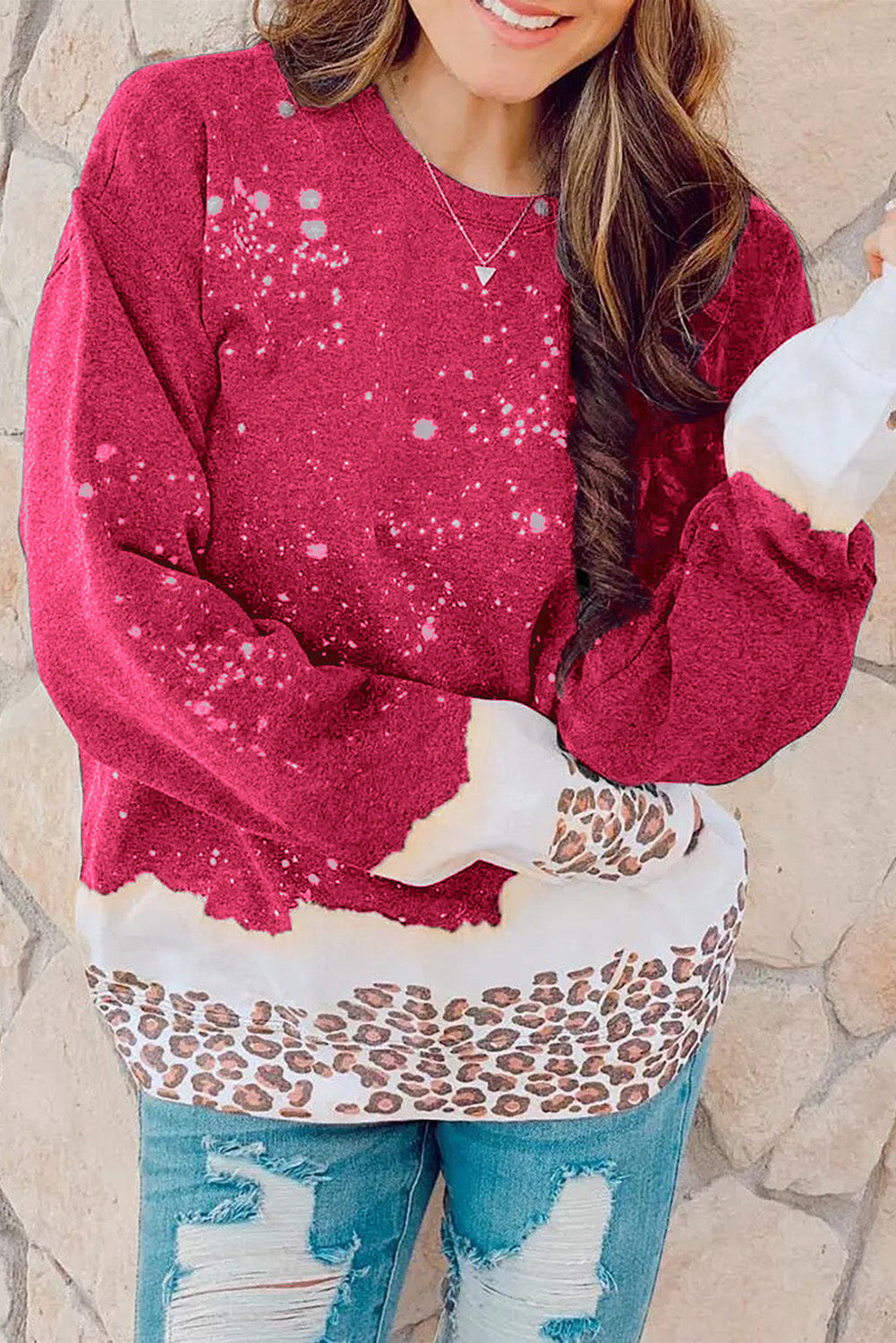 Fiery Red Leopard Bleached Pullover Sweatshirt