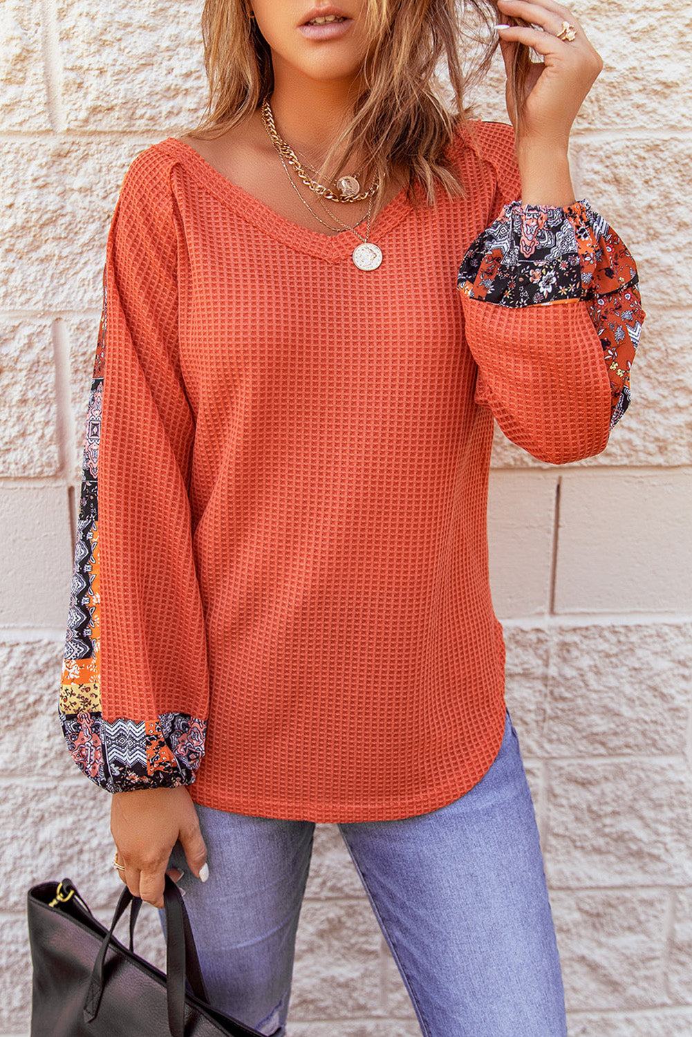 Orange Contrast Eyelet Thermal Knit Top