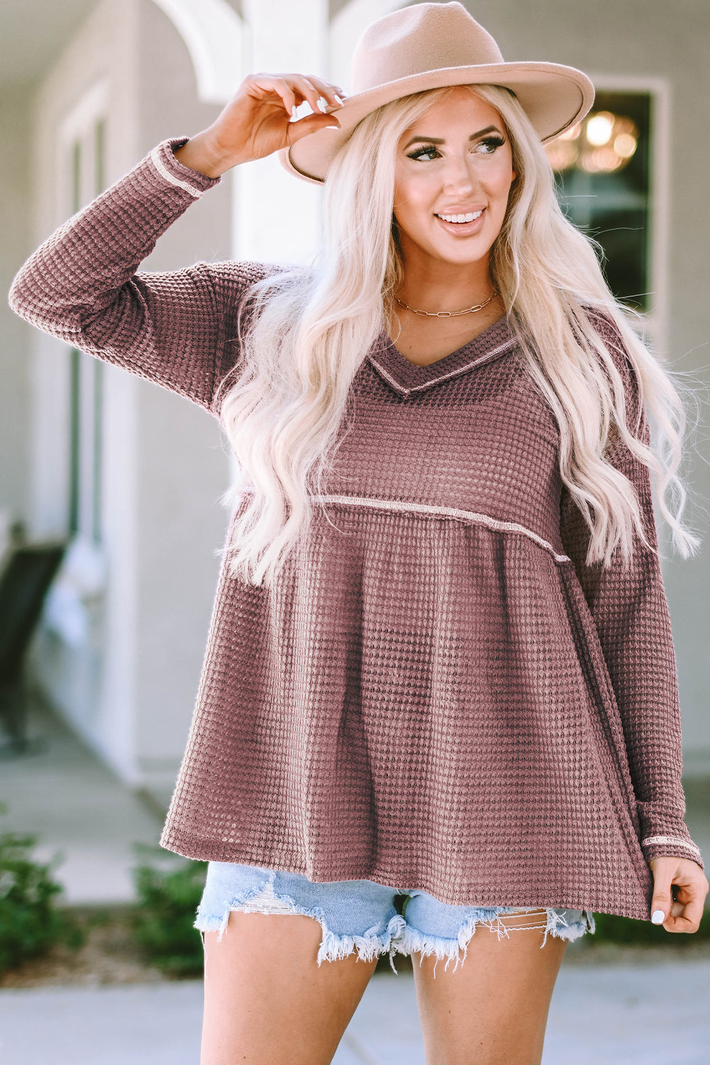 Pink Waffle Knit V Neck Long Sleeve Babydoll Top