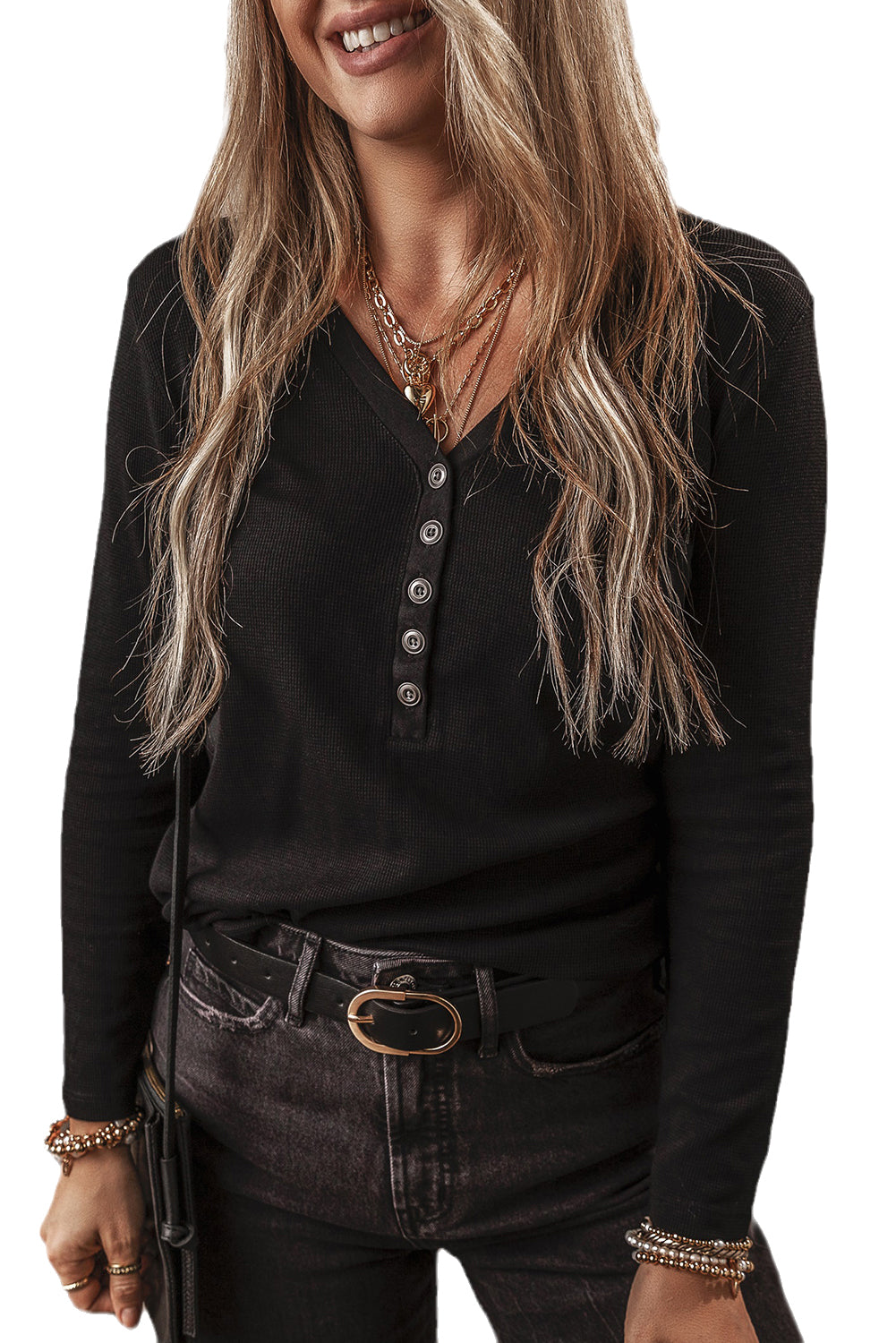 Black Buttoned V Neck Long Sleeve Ribbed Top