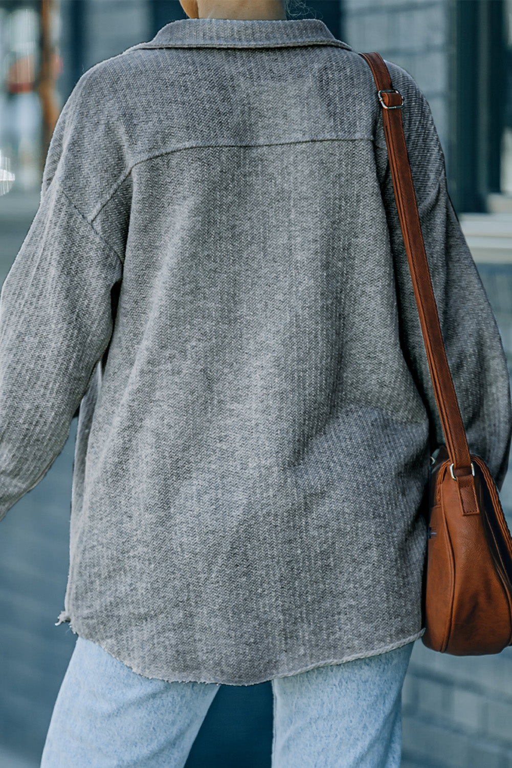 Gray Textured Button Down Shirt Jacket with Pockets