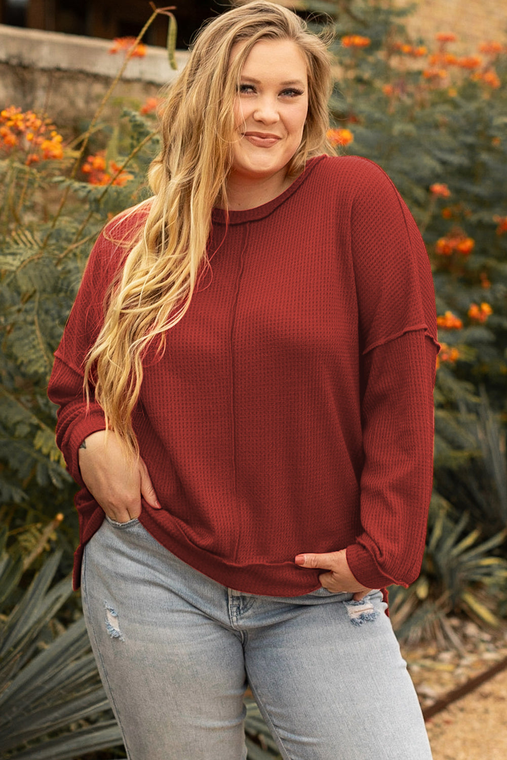 Gold Flame Exposed Seam Detail Waffle Knit Plus Size Top