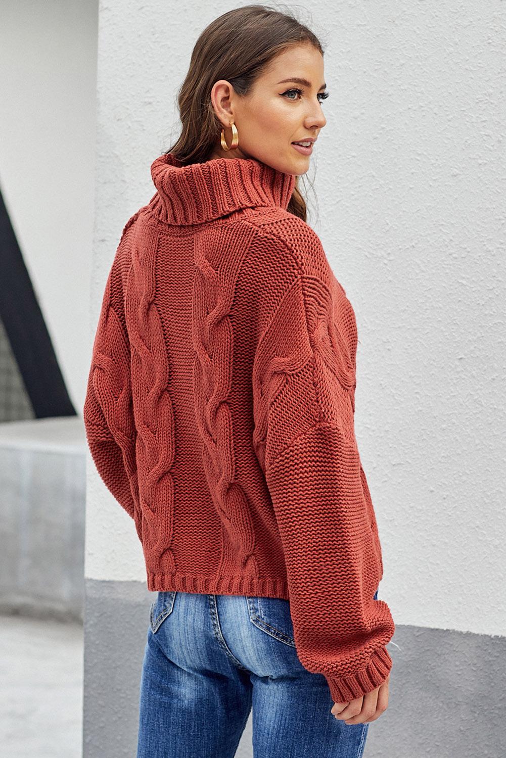 Fiery Red Cuddle Weather Cable Knit Handmade Turtleneck Sweater