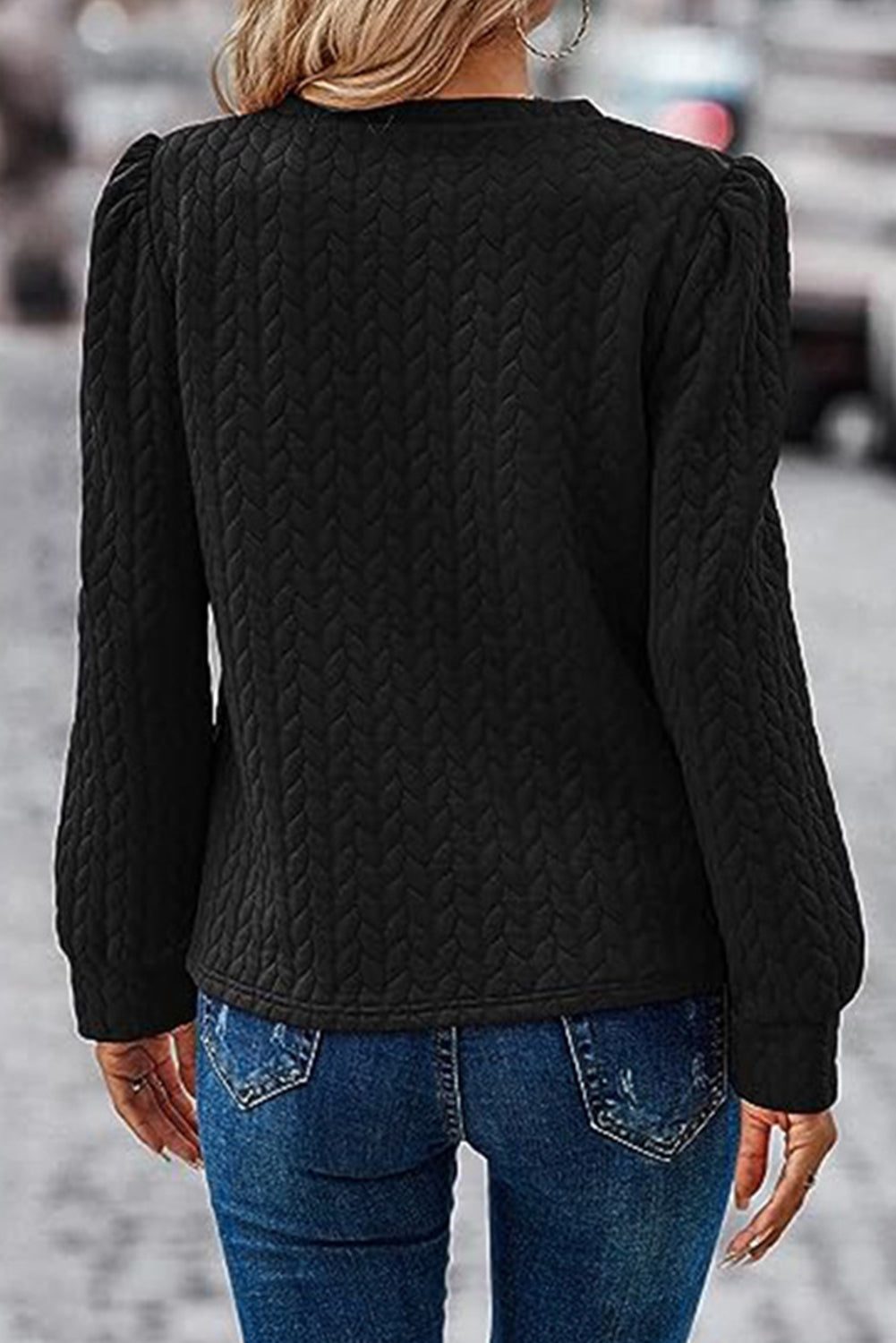 Black Cable Textured Puff Sleeve Sweatshirt