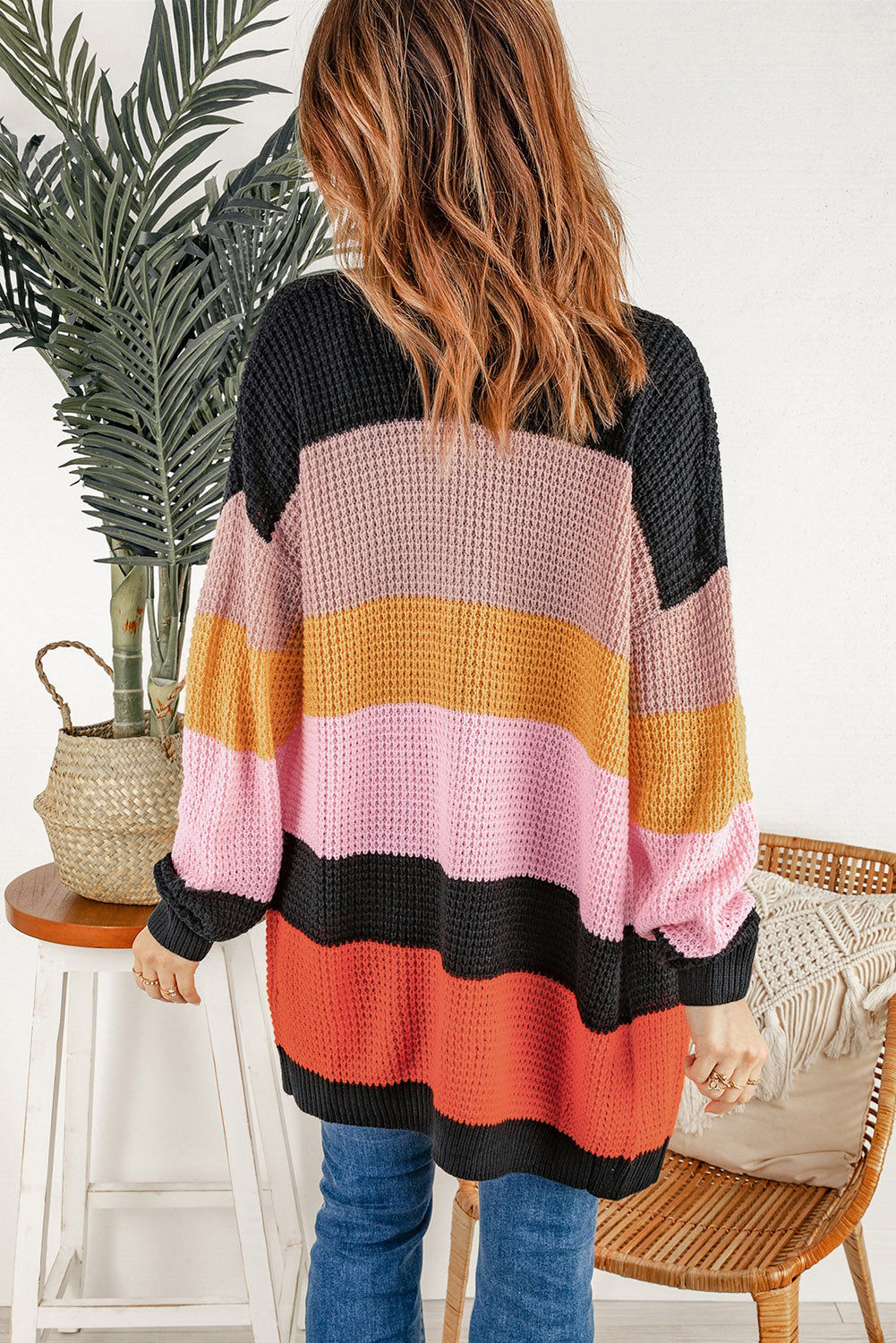 Multicolor Waffle Knit Color Block Open Front Cardigan