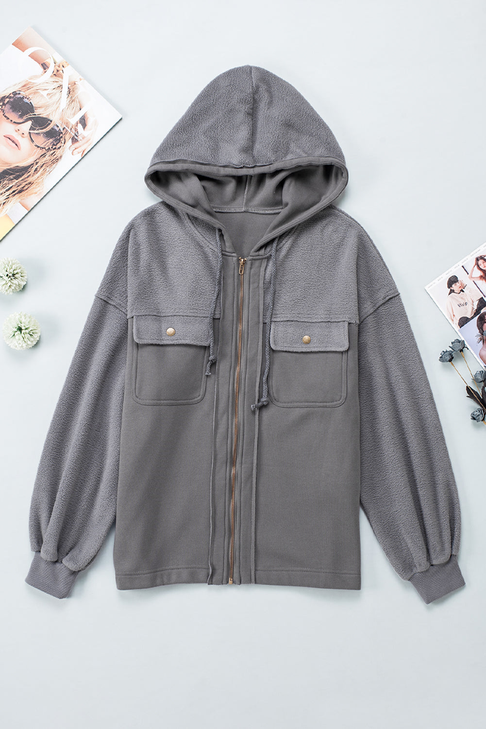 Gray Flap Pocket Drawstring Hood Zip Up Jacket