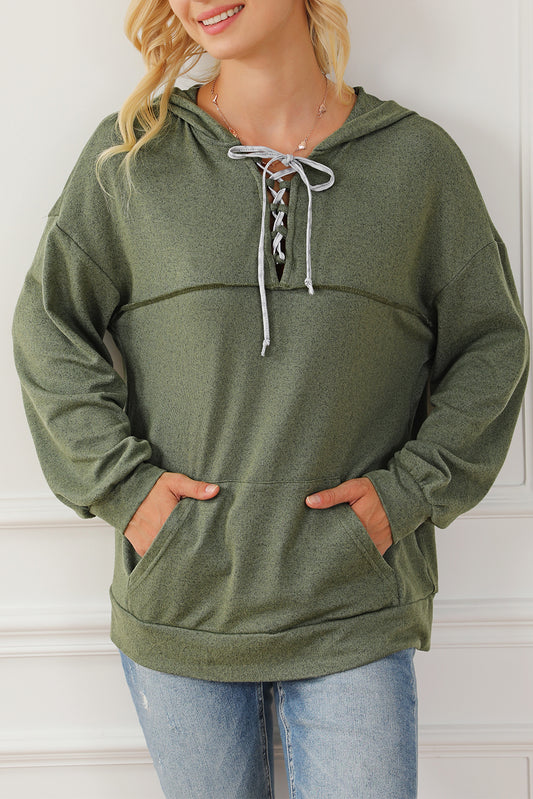 Green Lace up Marble Print Loose Hoodie