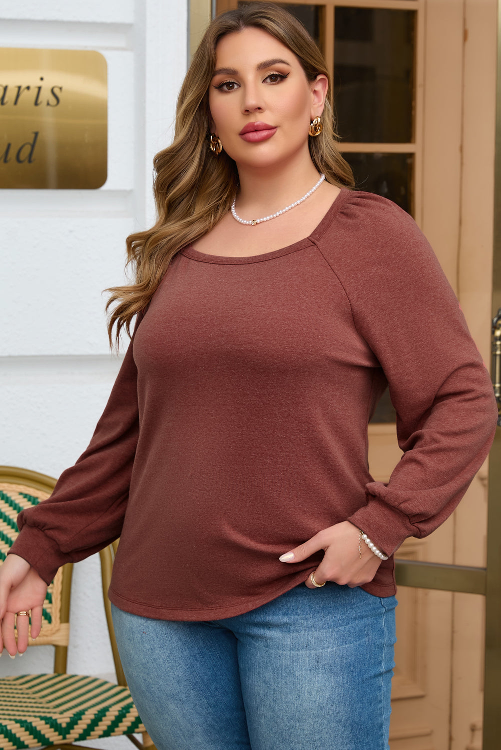 Gold Flame Square Neck Plus Size Knit Top