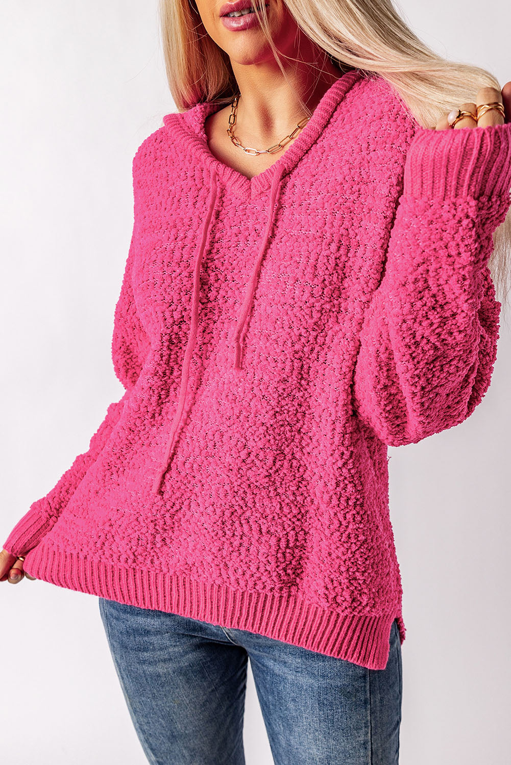 Rose Loose Popcorn Textured Hooded Sweater